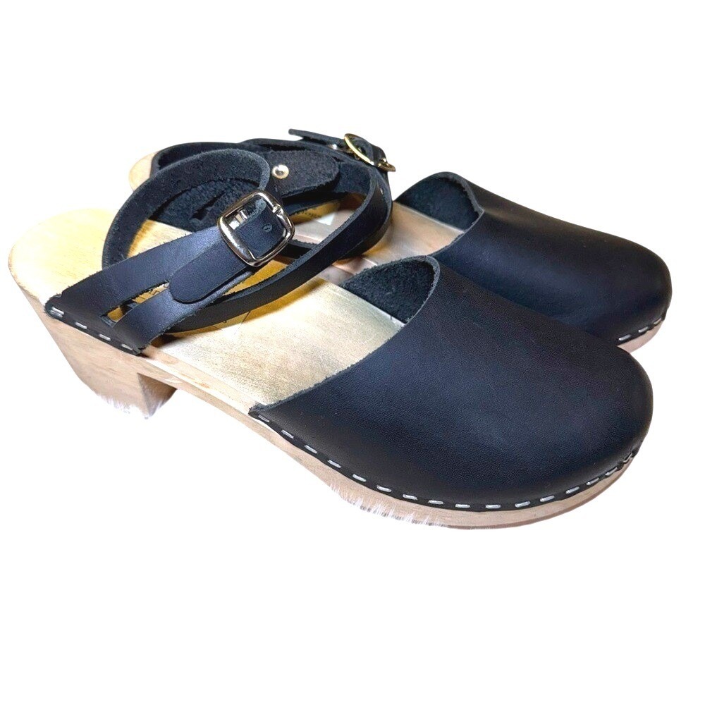 Chameleon‎ Clogs handmade leather black ankle strap size 39